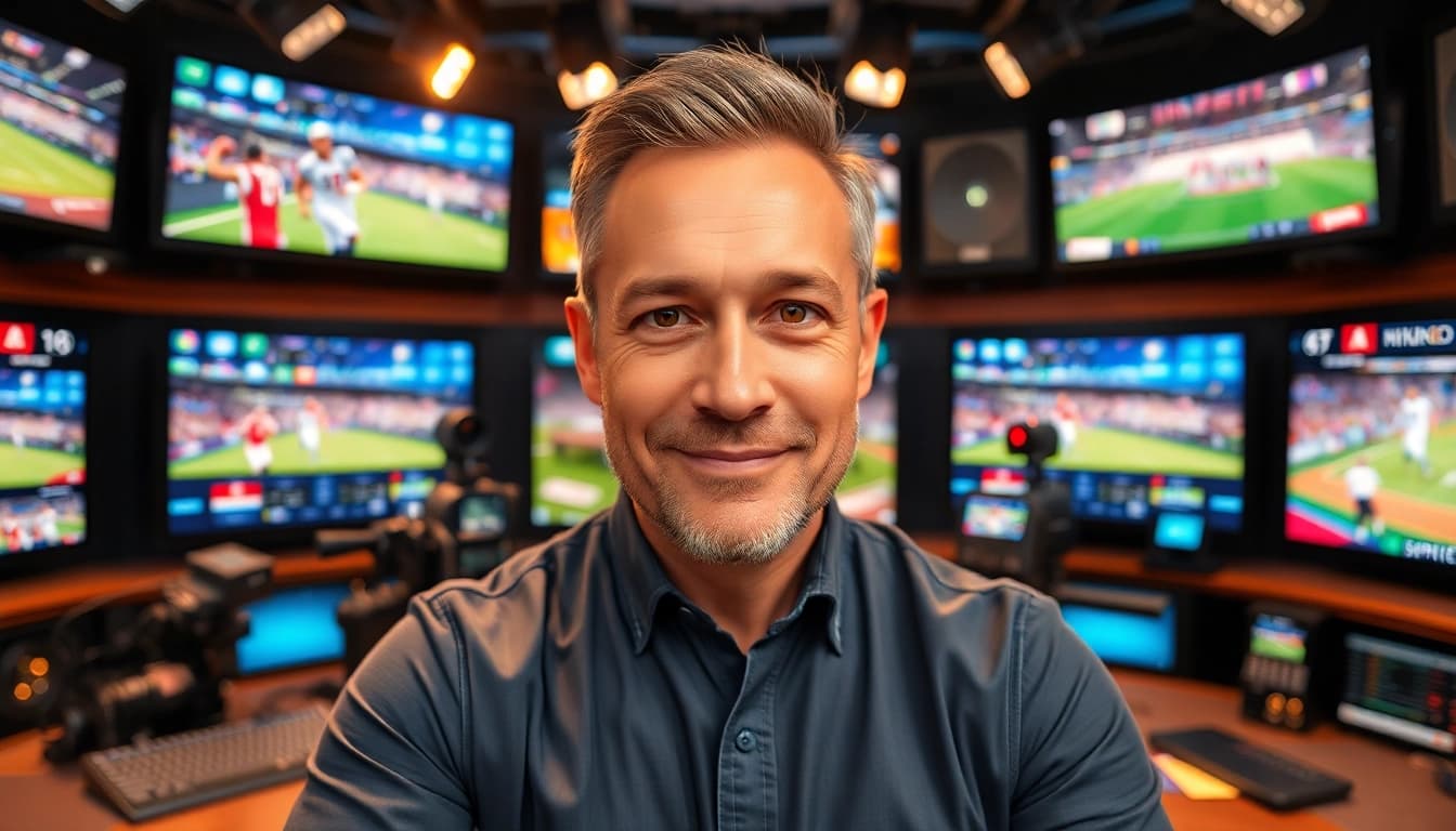 Capture the action in Sports Broadcasting with an animated sportscaster in a modern studio.