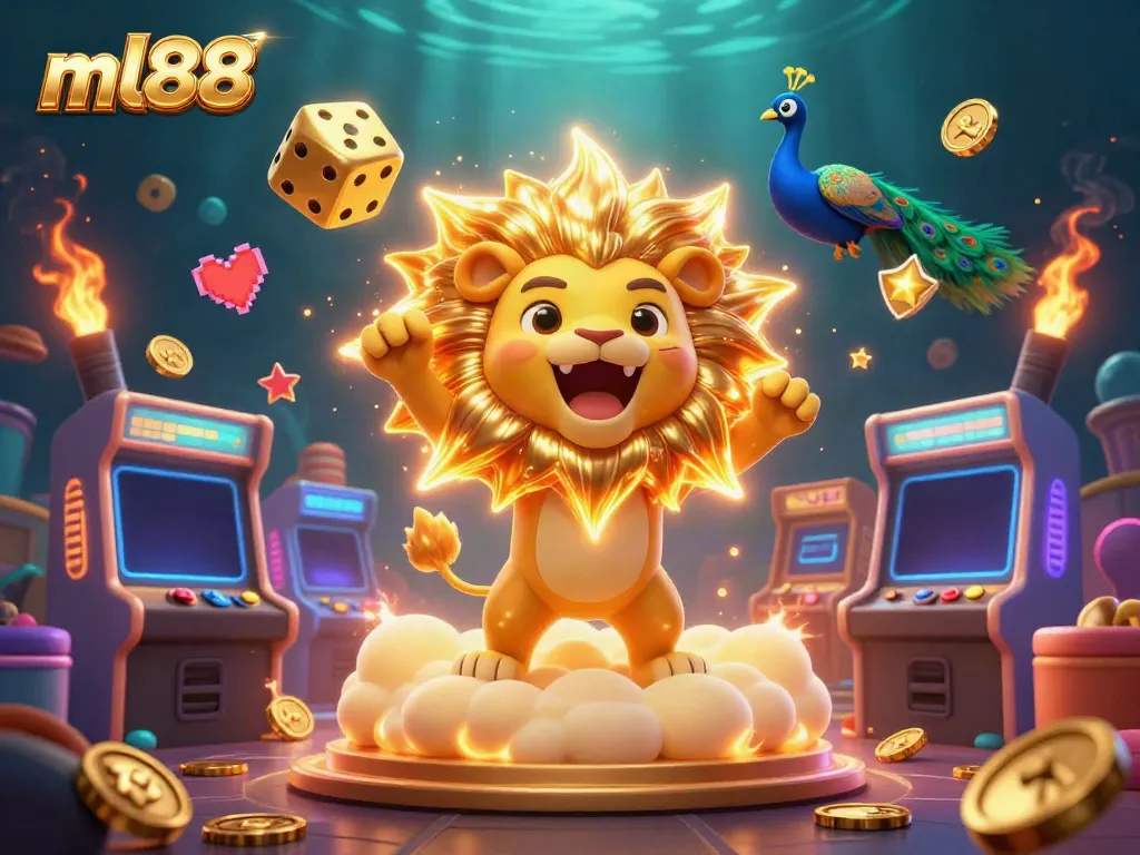 Engage with thrilling gameplay at ml88, featuring a vibrant casino scene complete with golden dice and arcade games.