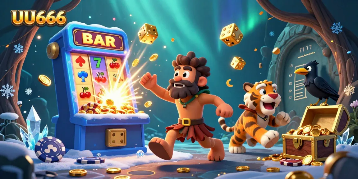 UU666 showcases a vibrant prehistoric casino scene filled with dynamic slot machines and characters.