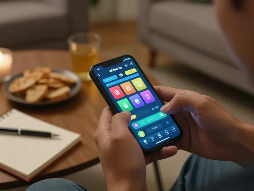 Terlibat dalam permainan togel online mejavip menggunakan smartphone di lingkungan rumah yang nyaman