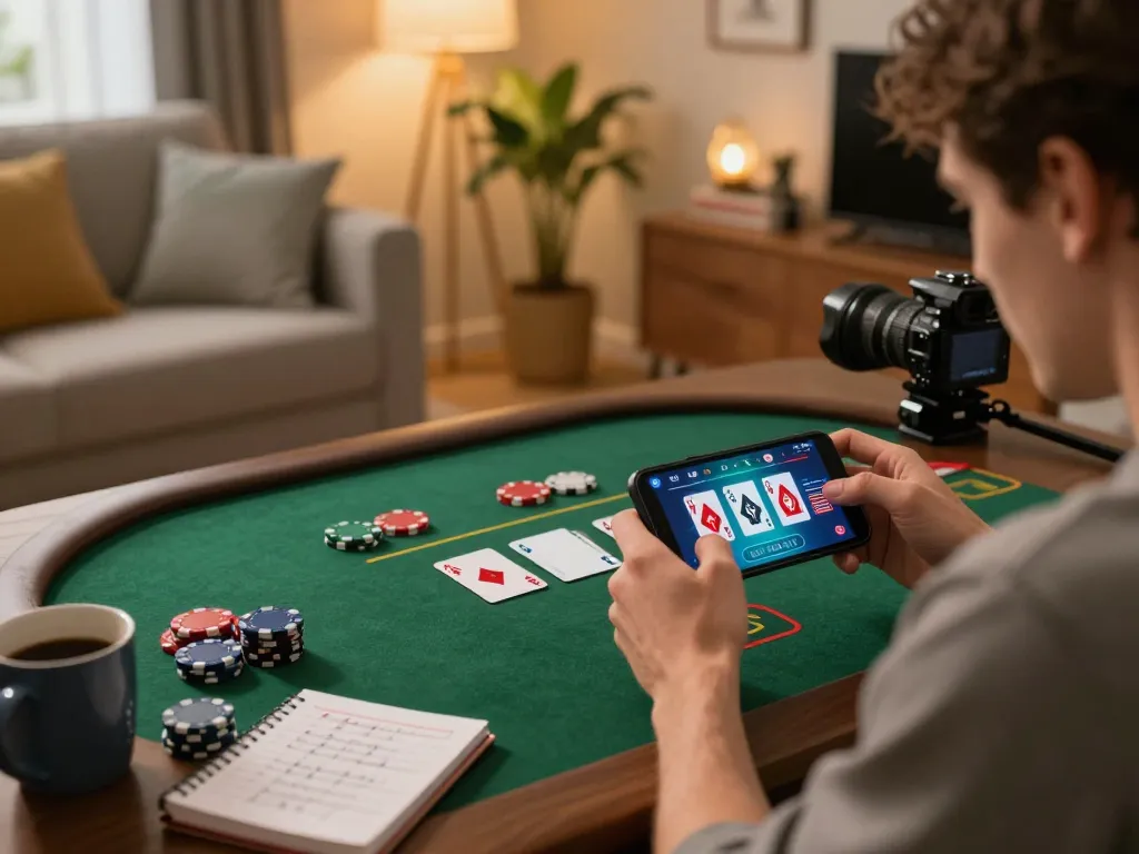 B52club player enjoying online poker gameplay at home with strategies outlined in a notebook.