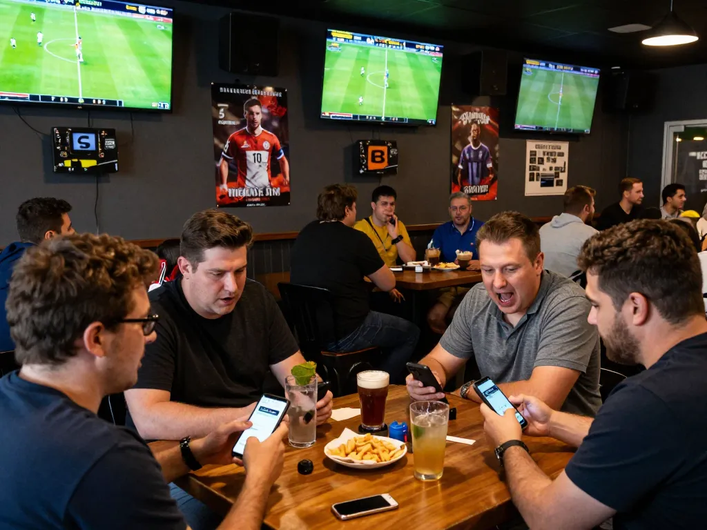 Bóng đá Bet168 channels excitement as sports fans place bets at an animated sports bar.