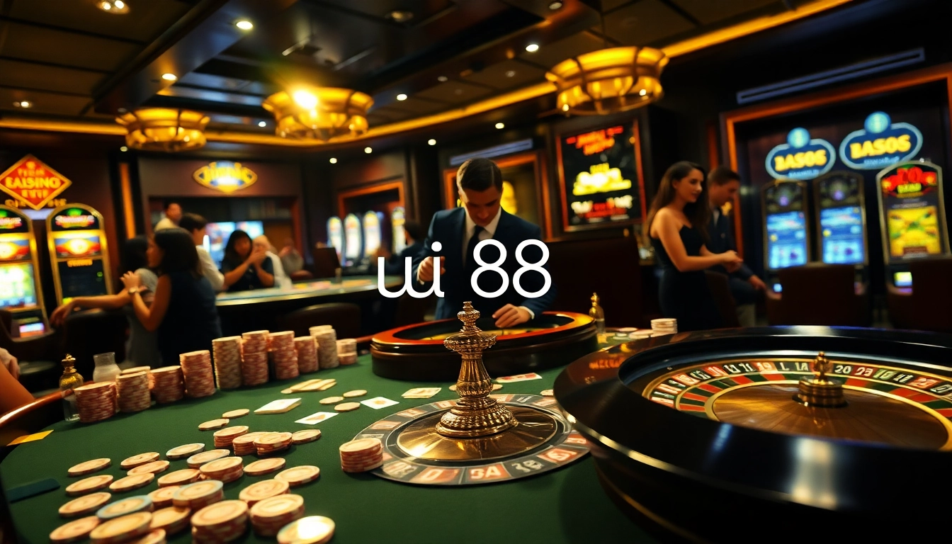 Experience the excitement of uu88 at a vibrant casino table with poker chips and a roulette wheel.