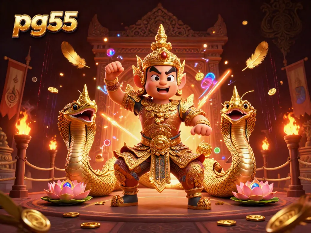 Engage in the exciting world of pg55, showcasing a vibrant Thai temple guardian in a casino realm.