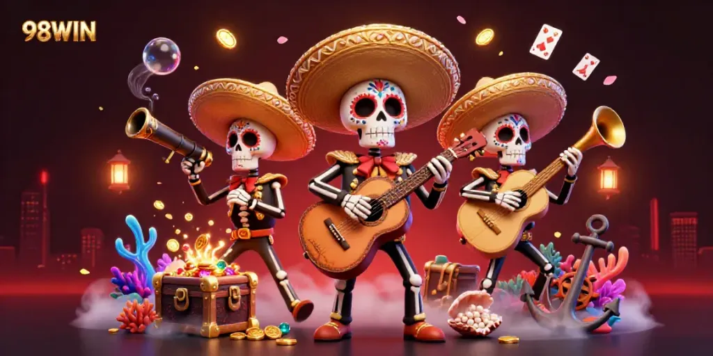 Experience vibrant gaming at 98WIN as a mariachi band plays in a treasure-filled underwater scene.