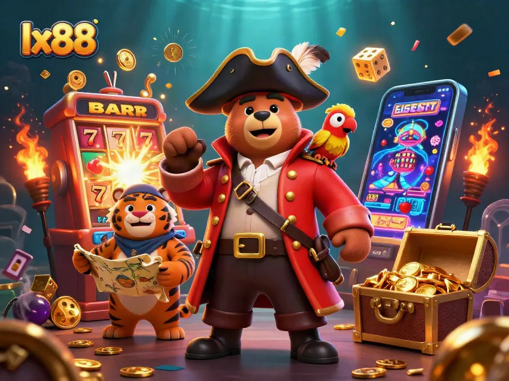 Spin the slots with lx88: 3D pirate scene celebrating casino excitement and jackpot wins.
