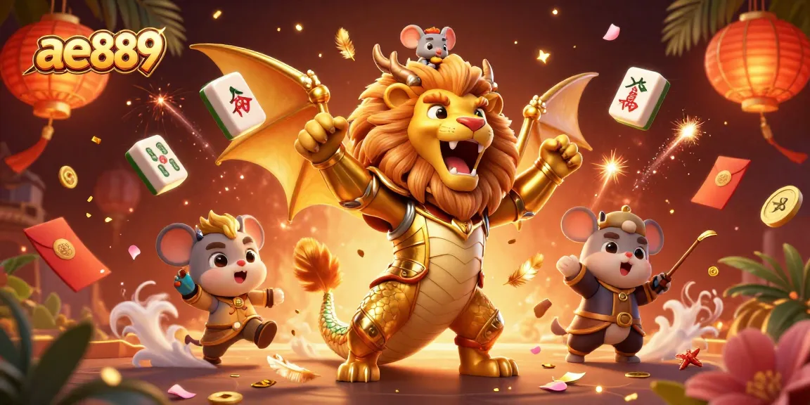 Experience the excitement of ae889 with a triumphant chimera, mouse jockey, and vibrant casino elements.