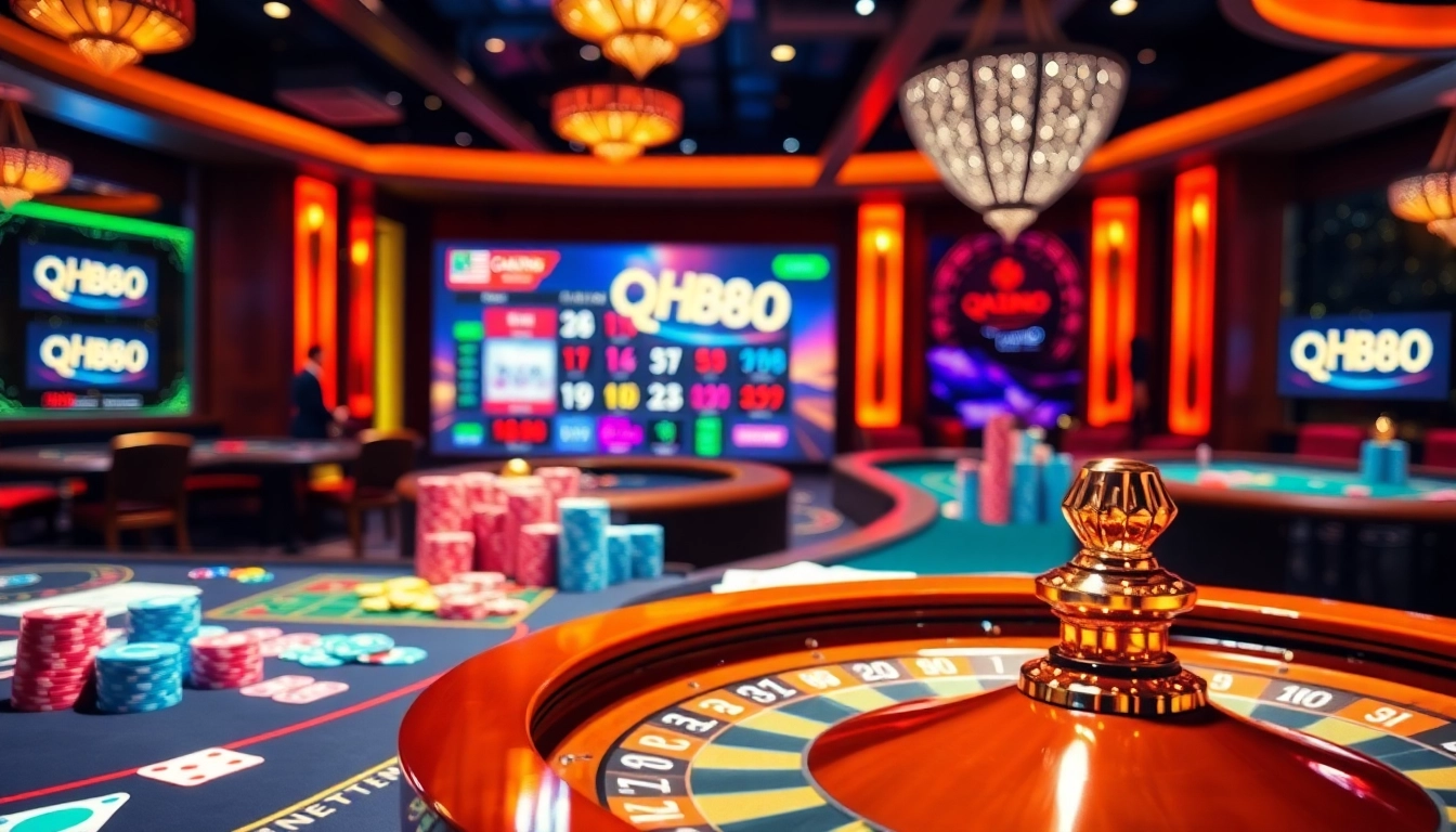 Experience the thrill of qh88 with vibrant casino tables, roulette wheel, and online gaming interface.