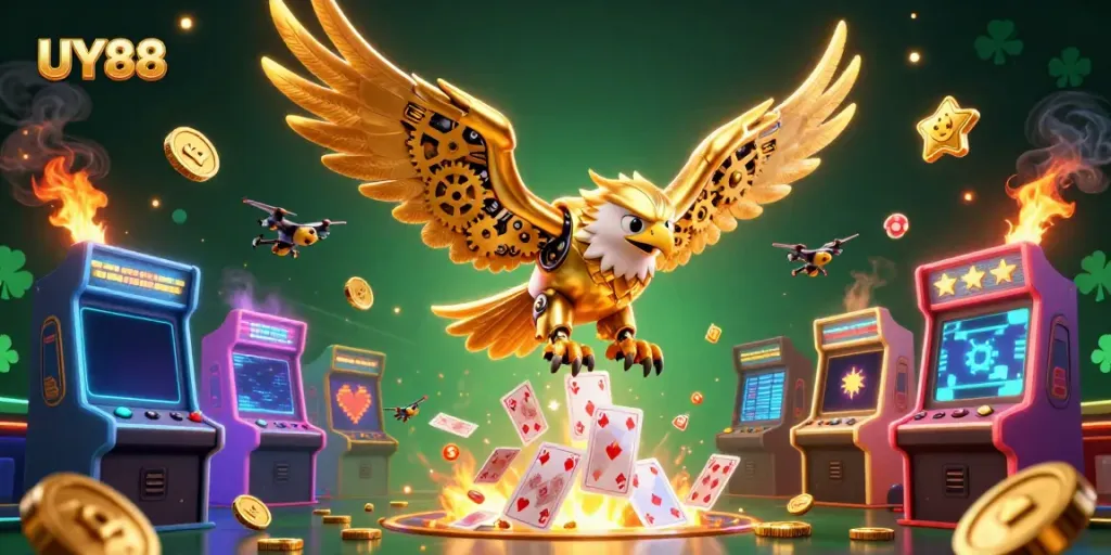 Khám phá không gian cá cược UY88 với đại bàng vàng và các máy game 3D.