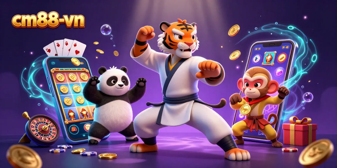 Engage in thrilling games at cm88-vn with a dynamic scene featuring a kung fu tiger and playful elements.