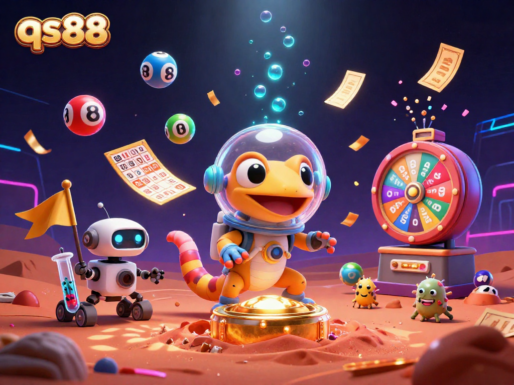 Experience the thrills at qs88 with a vibrant Martian gecko discovering a golden casino amidst exciting gaming elements.