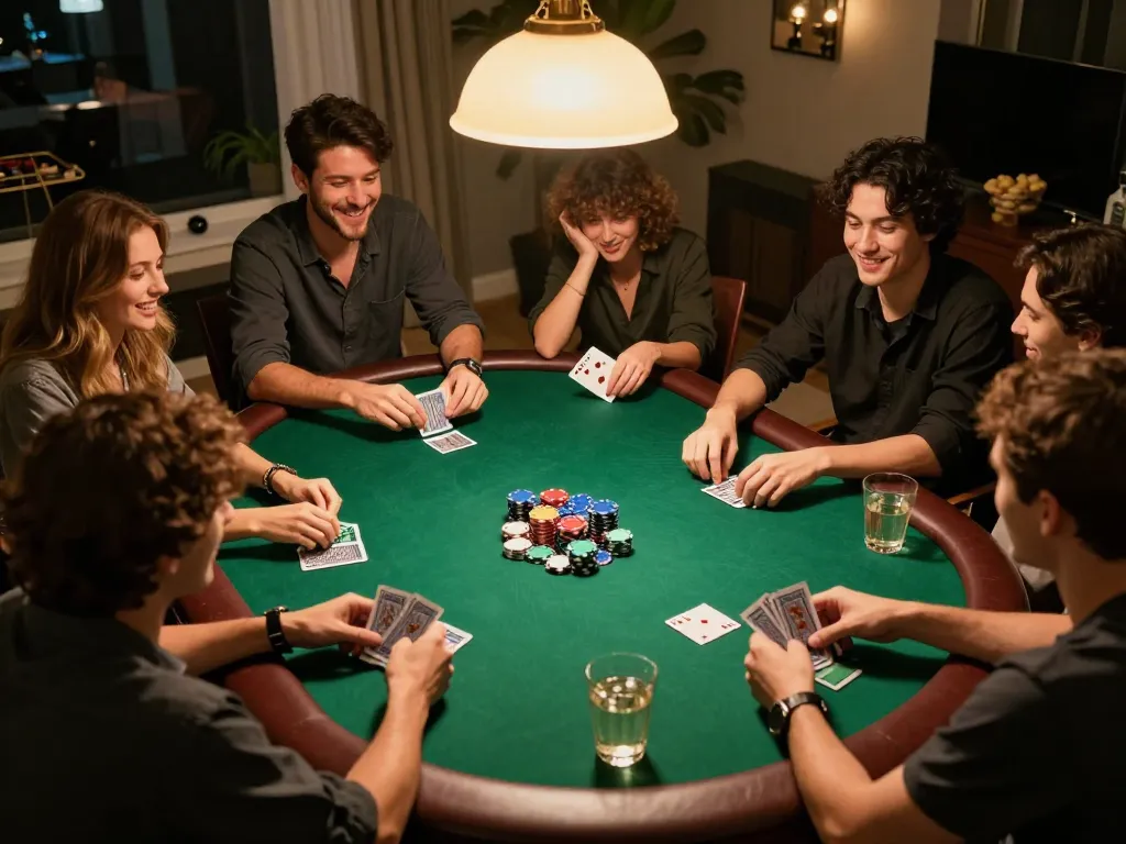 Friends enjoying a poker night at home, engaged in strategic gameplay with Lucky88.