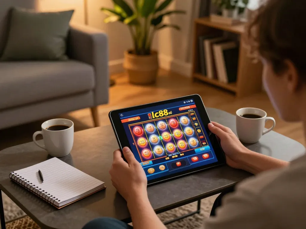 Enjoying online slots gameplay on lc88. com in a cozy home, with strategy notes and warm lighting.
