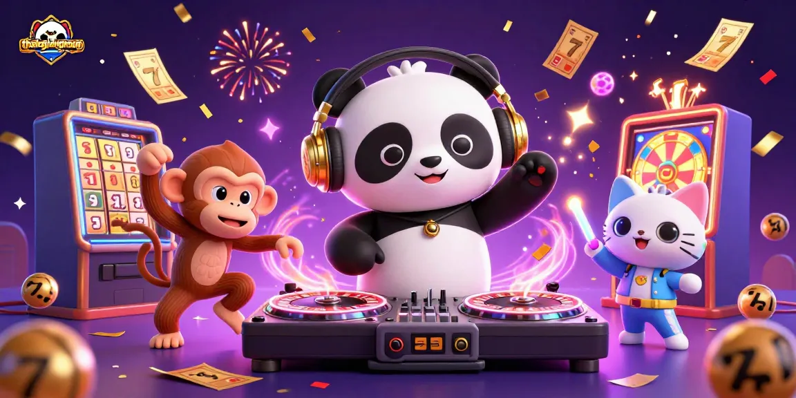 Thehajdugroup showcases a vibrant casino scene with a DJ panda, lively game elements, and energetic characters.