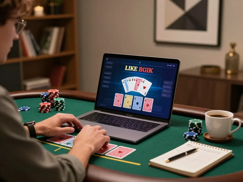 Experience engaging online blackjack at 壹發娛樂 with a cozy gaming setup, strategy notes visible.