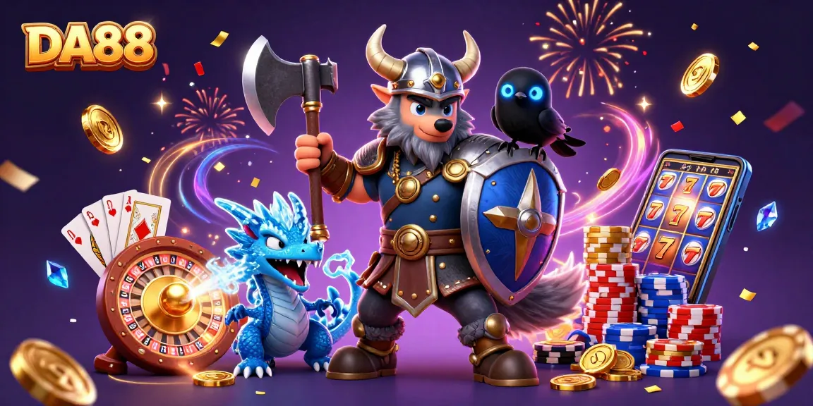 Join the adventure with DA88 as the Viking wolf warrior and allies capture casino excitement in a dynamic 3D illustration.