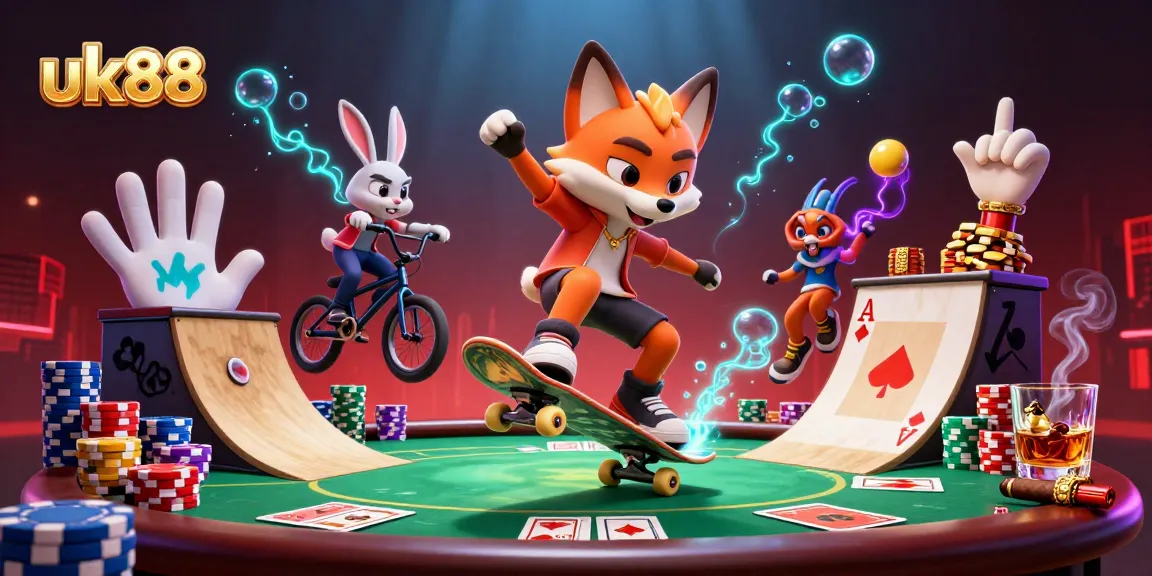 Experience thrilling uk88 gaming with animated characters performing tricks in a vibrant casino setting.