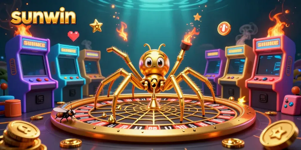 Engage with sunwin at a vibrant digital casino showcasing a roulette wheel and colorful arcade machines.