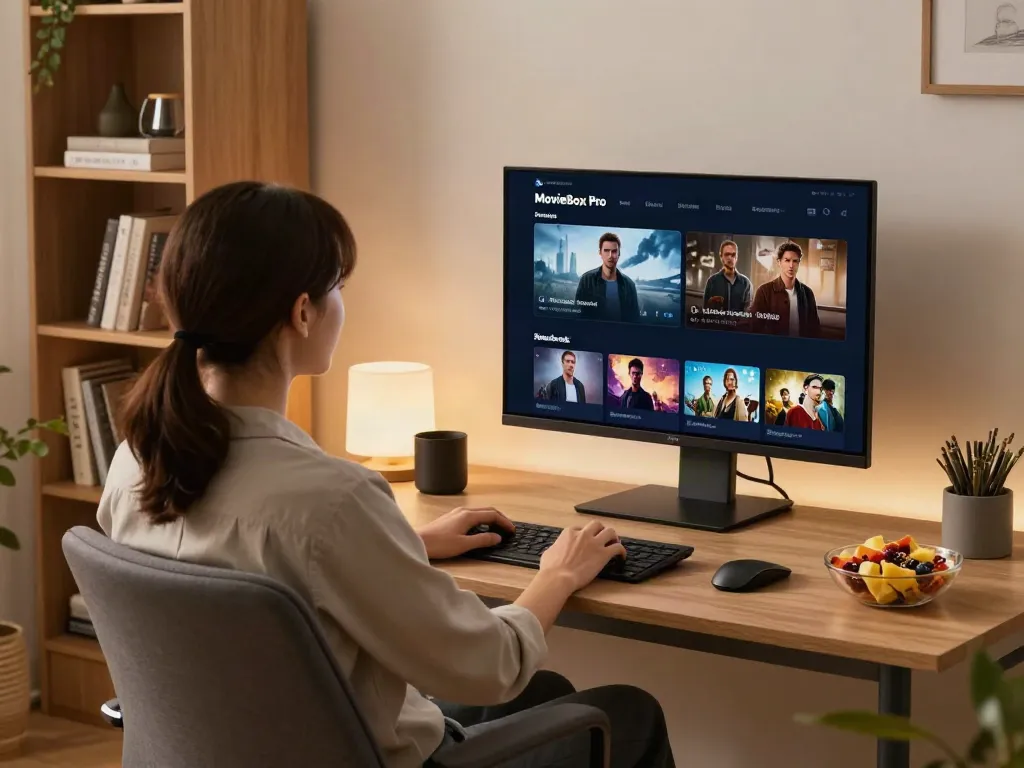 Home office setup with MovieBox for Windows APK displayed on the screen, cozy atmosphere.