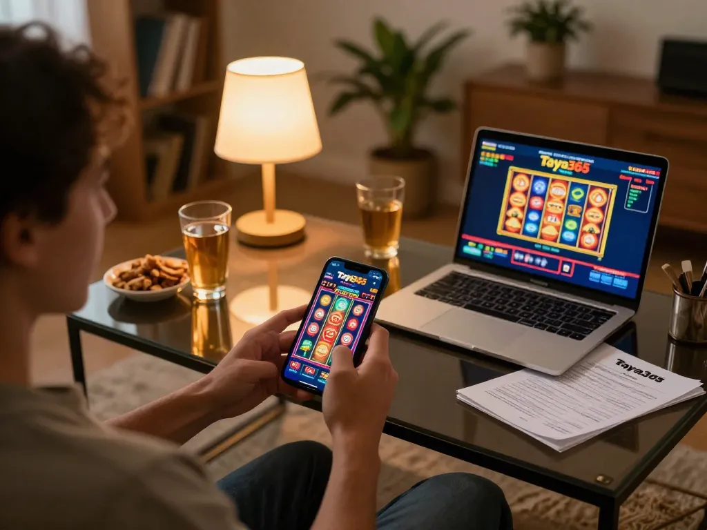 Taya365 player engaging with mobile app for online gambling in cozy home setting.