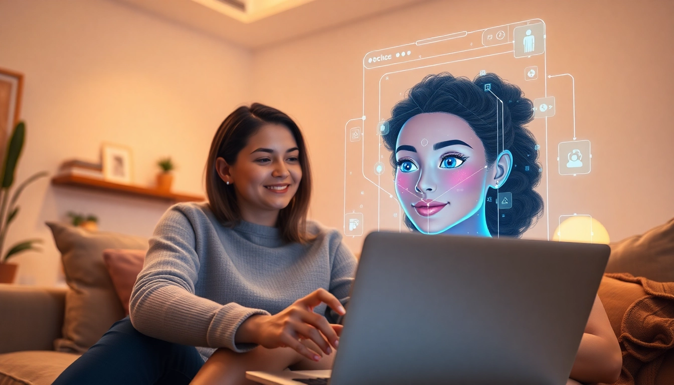 Engaging interaction with a holographic girlfriend AI in a cozy setting.