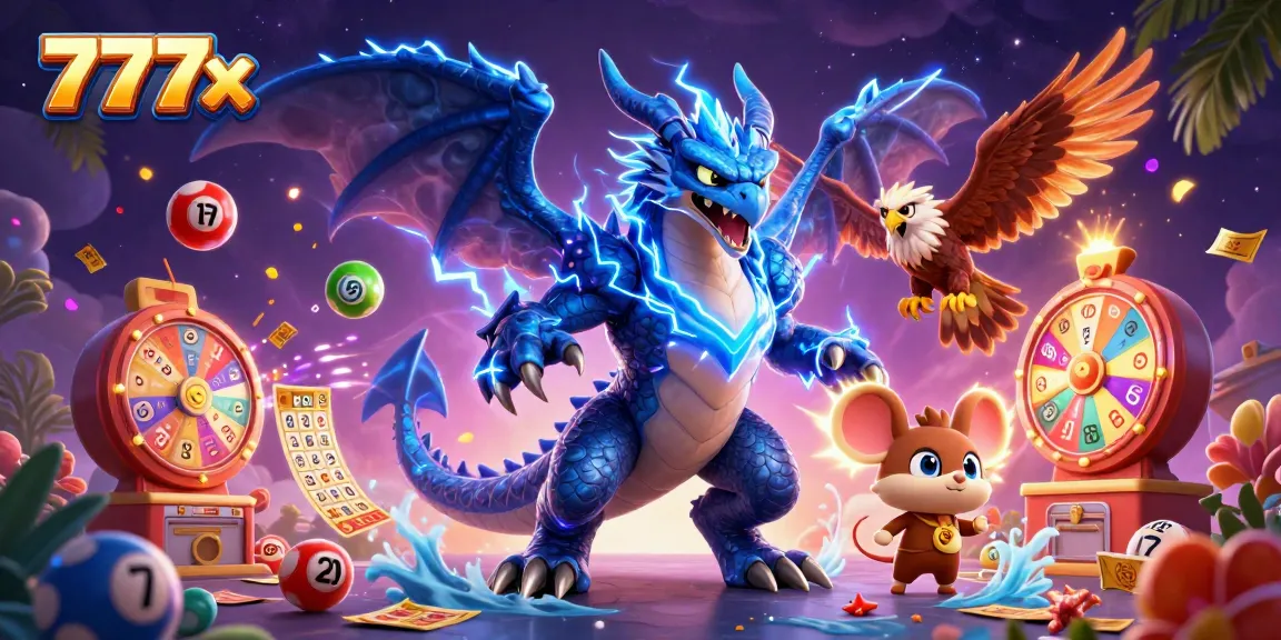 777x players engage with colorful lottery elements in a vibrant animated casino scene.