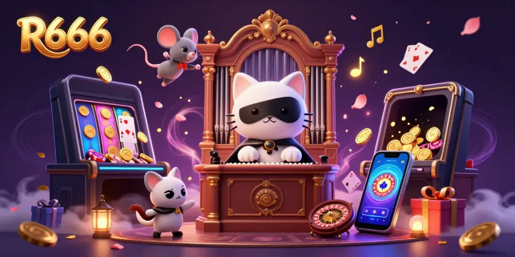 Engage with R666 in a vibrant casino atmosphere featuring a phantom cat, acrobat, and gaming elements.