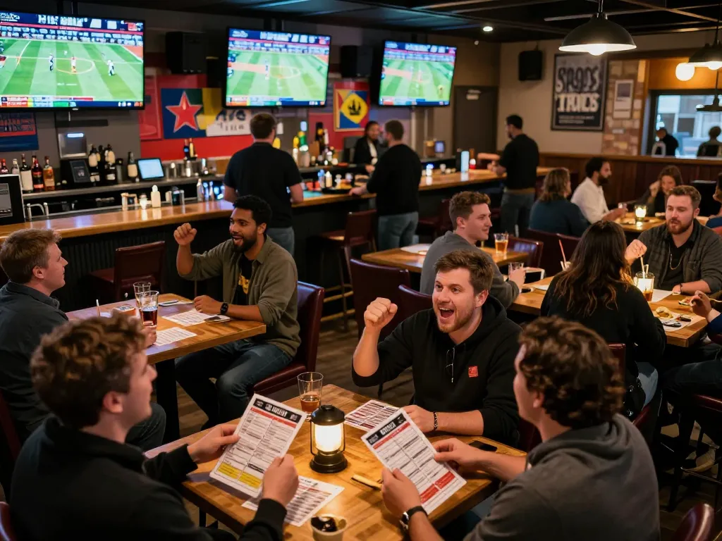 Patrons engaging in sports betting excitement while reviewing tin soi kèo at a lively sports bar.