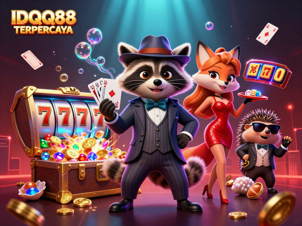 Experience thrilling wins at IDQQ88 TERPERCAYA with a cartoon raccoon in a dynamic casino scene.