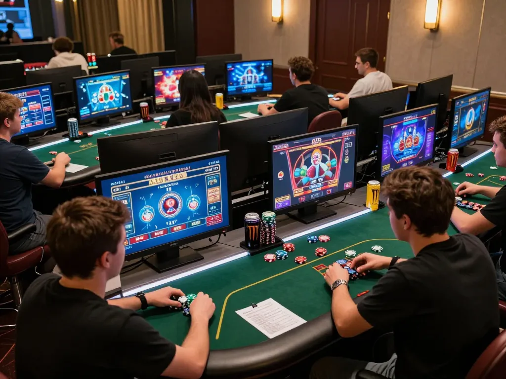 ONE88 players engaging with online casino games, showcasing strategic gameplay and modern setup.