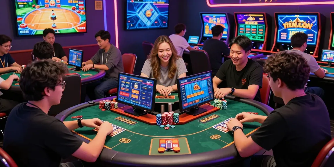 Dynamic players enjoying game bài đổi thưởng in a vibrant online setting, showcasing competition and fun.