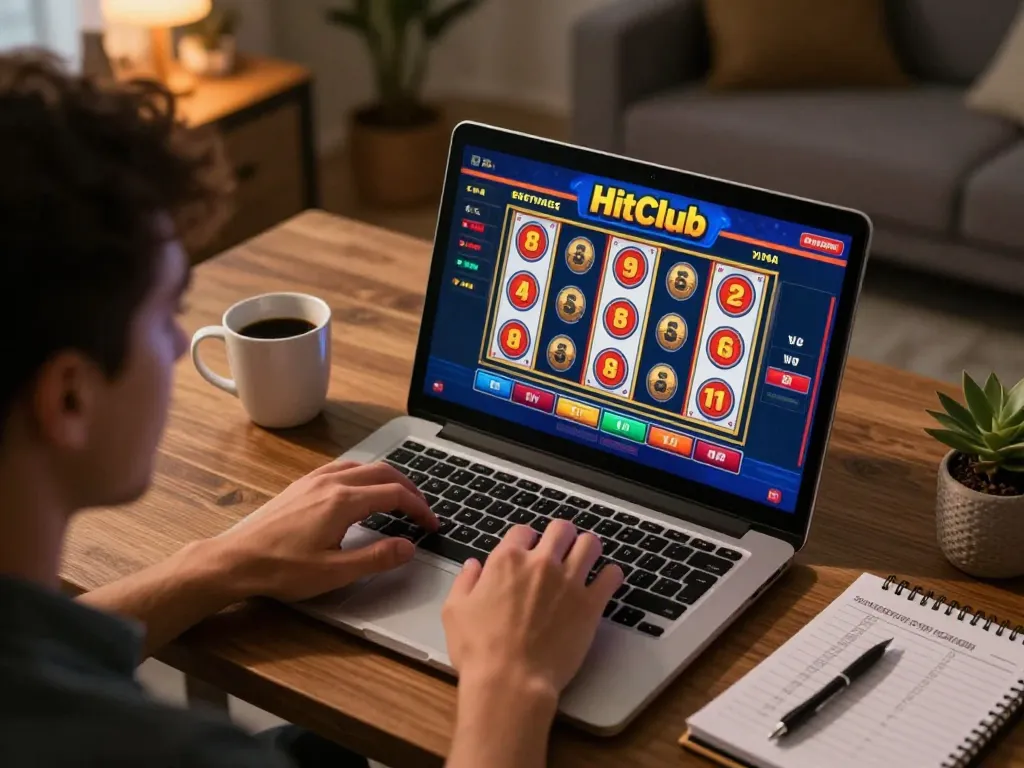 Hitclub player enjoying a dynamic online gaming session at home, showcasing vibrant slot reels.