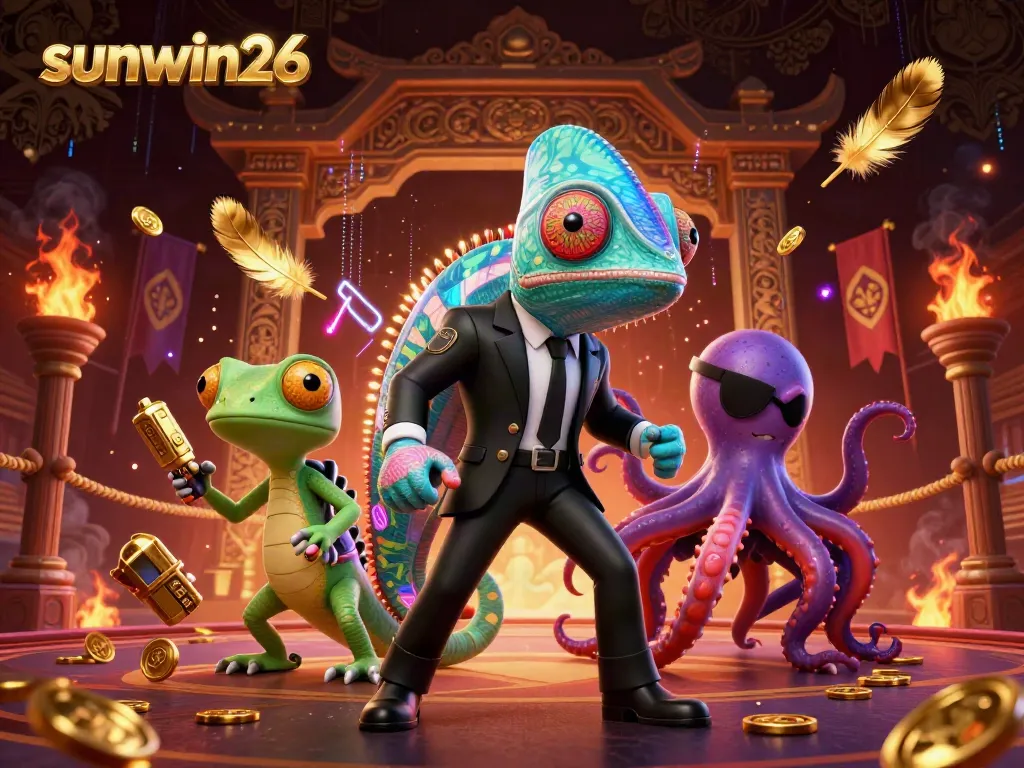 Engage with the thrilling scene at sunwin26 featuring a chameleon agent and tech gecko amidst vibrant casino elements.