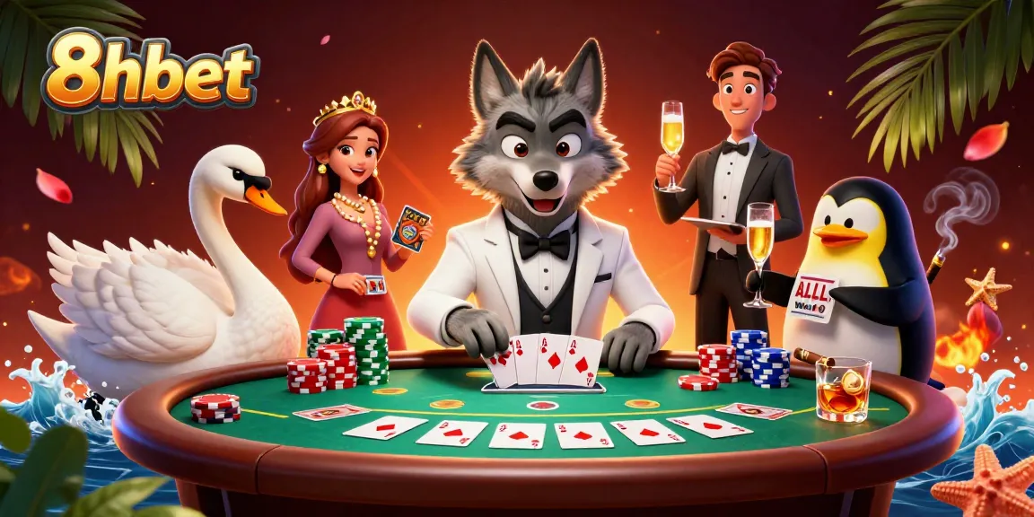 Engage in thrilling action at 8xbet's baccarat table featuring a stylish wolf and elegant swan.