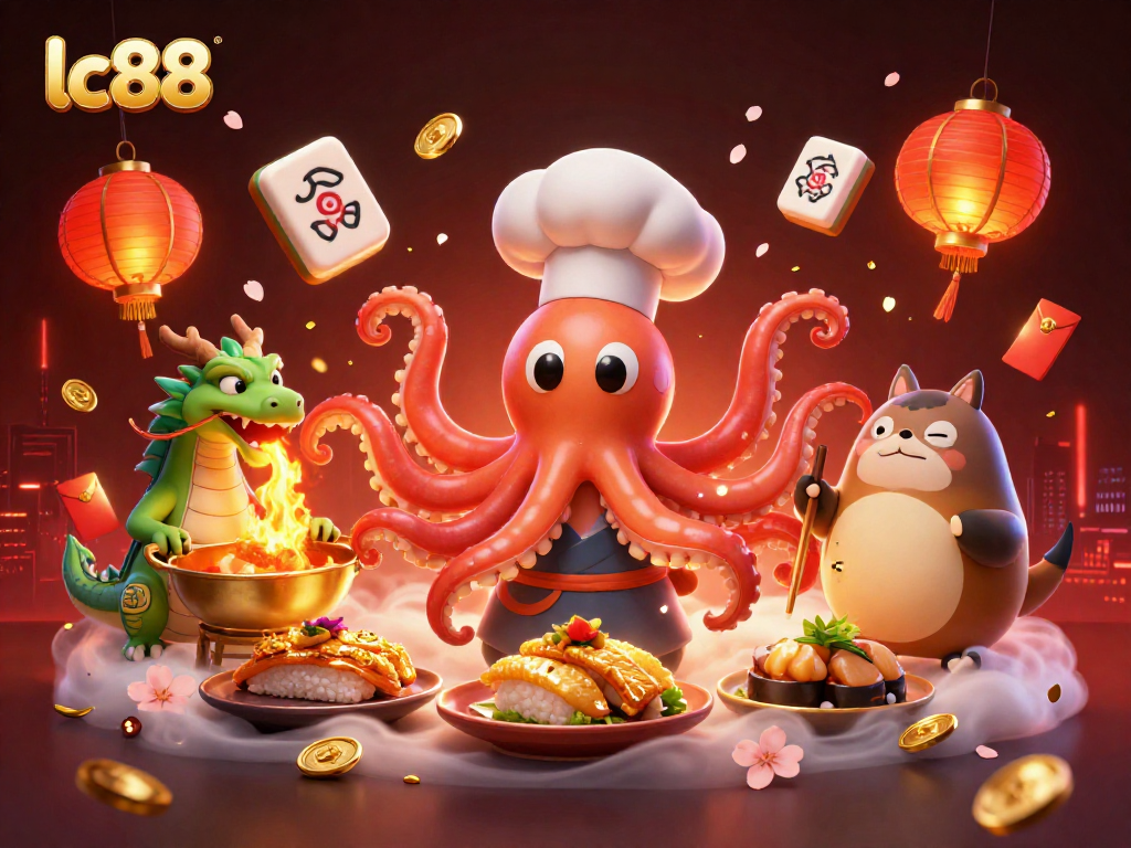 Experience the excitement of lc88 with vibrant characters preparing golden dishes amidst sparkling gaming elements.