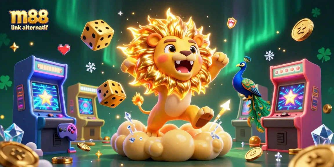 Engage with m88 link alternatif for online betting fun in a vibrant casino-themed illustration