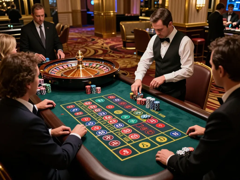 BL555 players placing bets on roulette in a luxurious casino, vibrant chips and soft lighting enhance the experience.