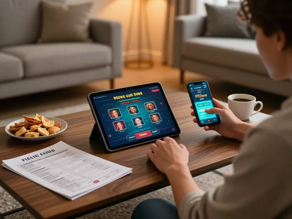 Player enjoying NHATVIP mobile casino game on tablet in cozy living space.