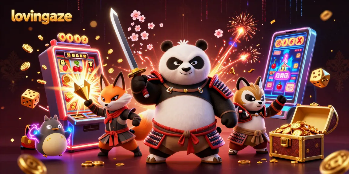 lovingaze engages players with a dynamic gaming scene featuring a samurai panda and ninja fox.