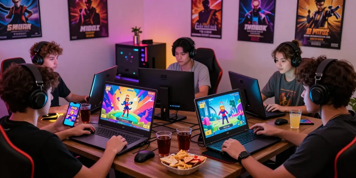 Players enjoying engaging porn games html on various devices in a colorful gaming den.