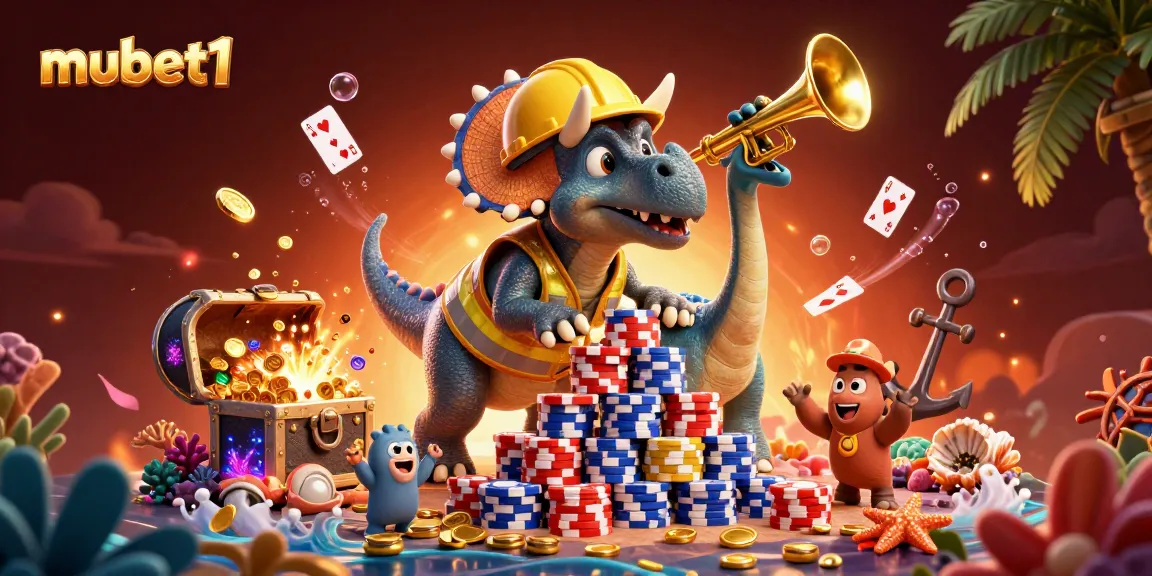 Join the fun at mubet1 with vibrant casino-themed 3D illustration, showcasing cartoon dinosaurs and poker elements.