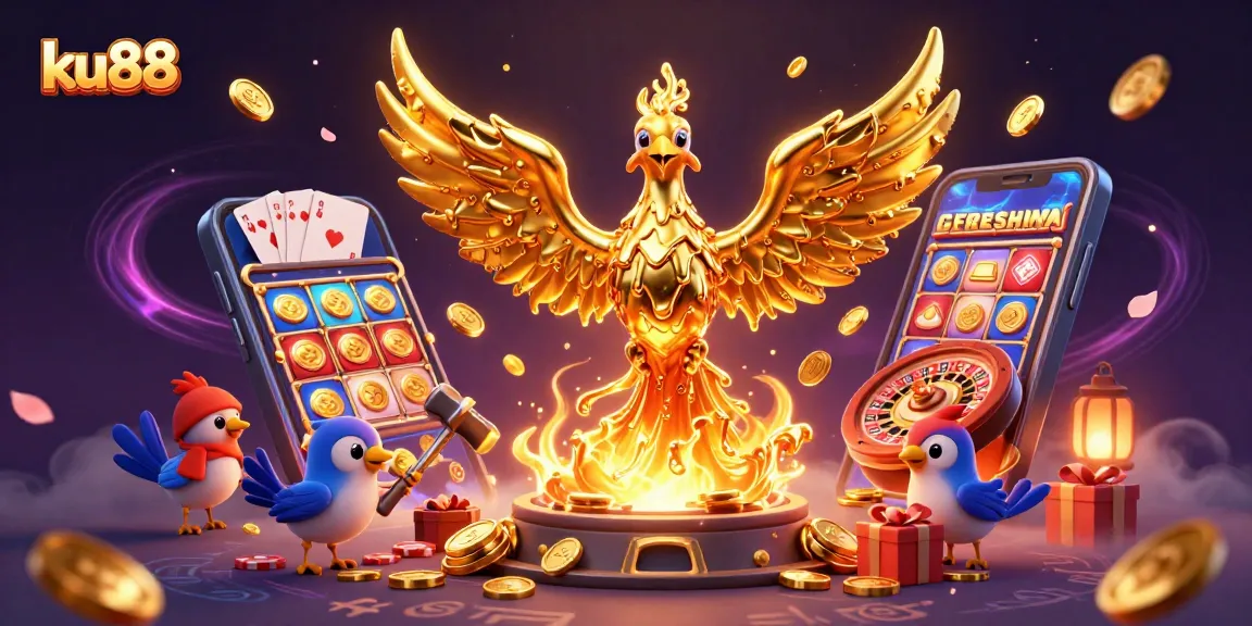 ku88 features a golden phoenix and gaming elements, illustrating a vibrant online casino experience.