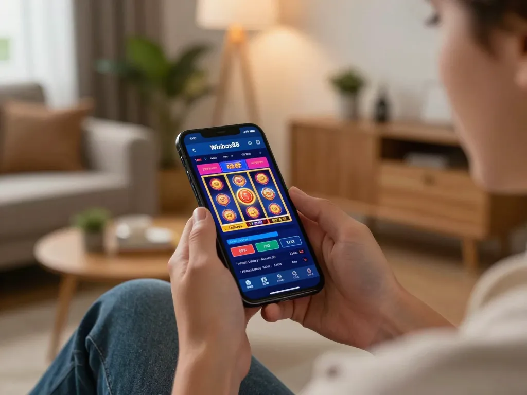 Engaged player using Winbox88 app on smartphone to enjoy mobile gambling experience