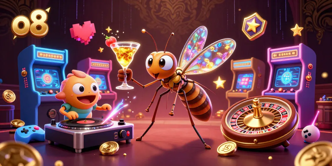Engage with o8's thrilling casino world as a cartoon mosquito mascot enjoys a golden cocktail amidst vibrant 3D game elements.