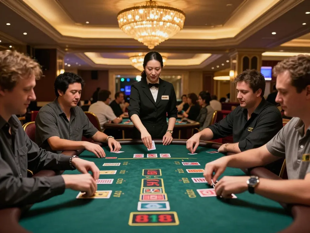 Players strategize at Jun88 blackjack tables, capturing the thrill of casino gaming.