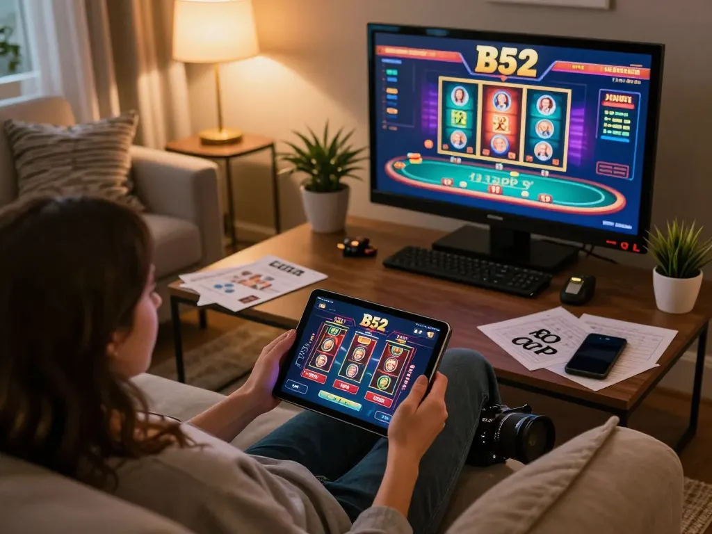 Player engaging with the B52 app on a tablet while seated comfortably, showcasing strategic gambling at home.