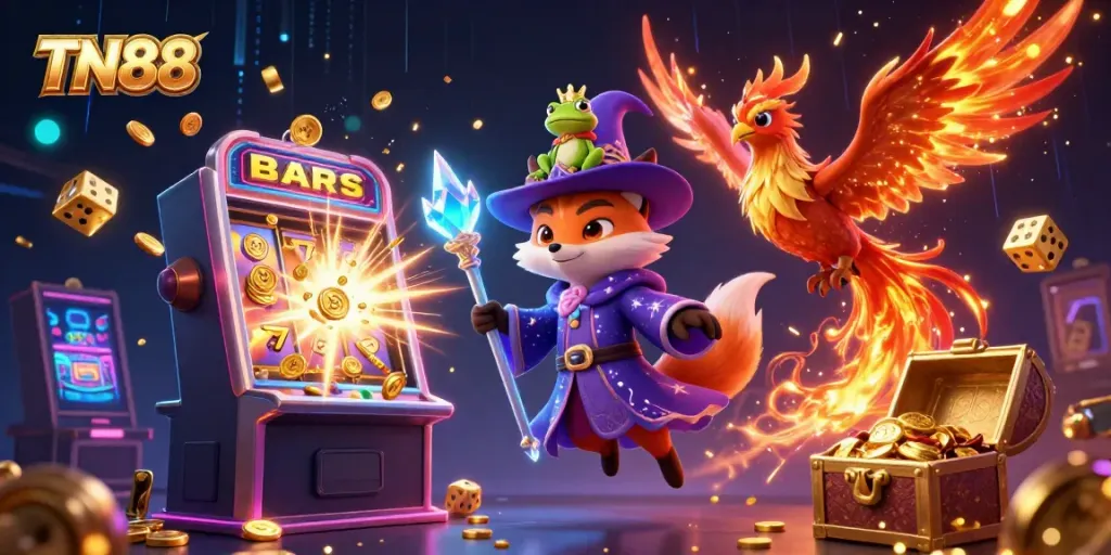 Experience TN88 excitement with vibrant characters in a magical casino scene filled with gold and grand symbols.