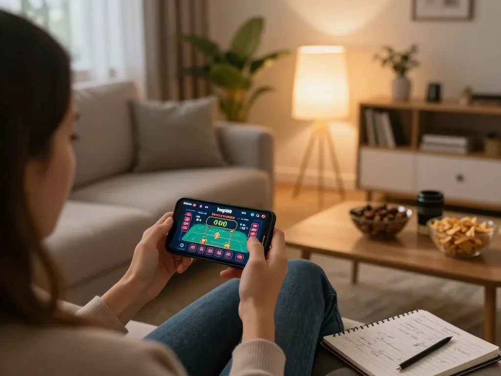 Pengalaman bermain game online yang menarik dan santai dengan hwg500 di smartphone di ruang tamu modern