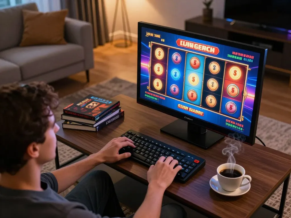 Player engaged in exciting tic 88 slot game at home, colorful display showing winning combination, surrounded by cozy decor.