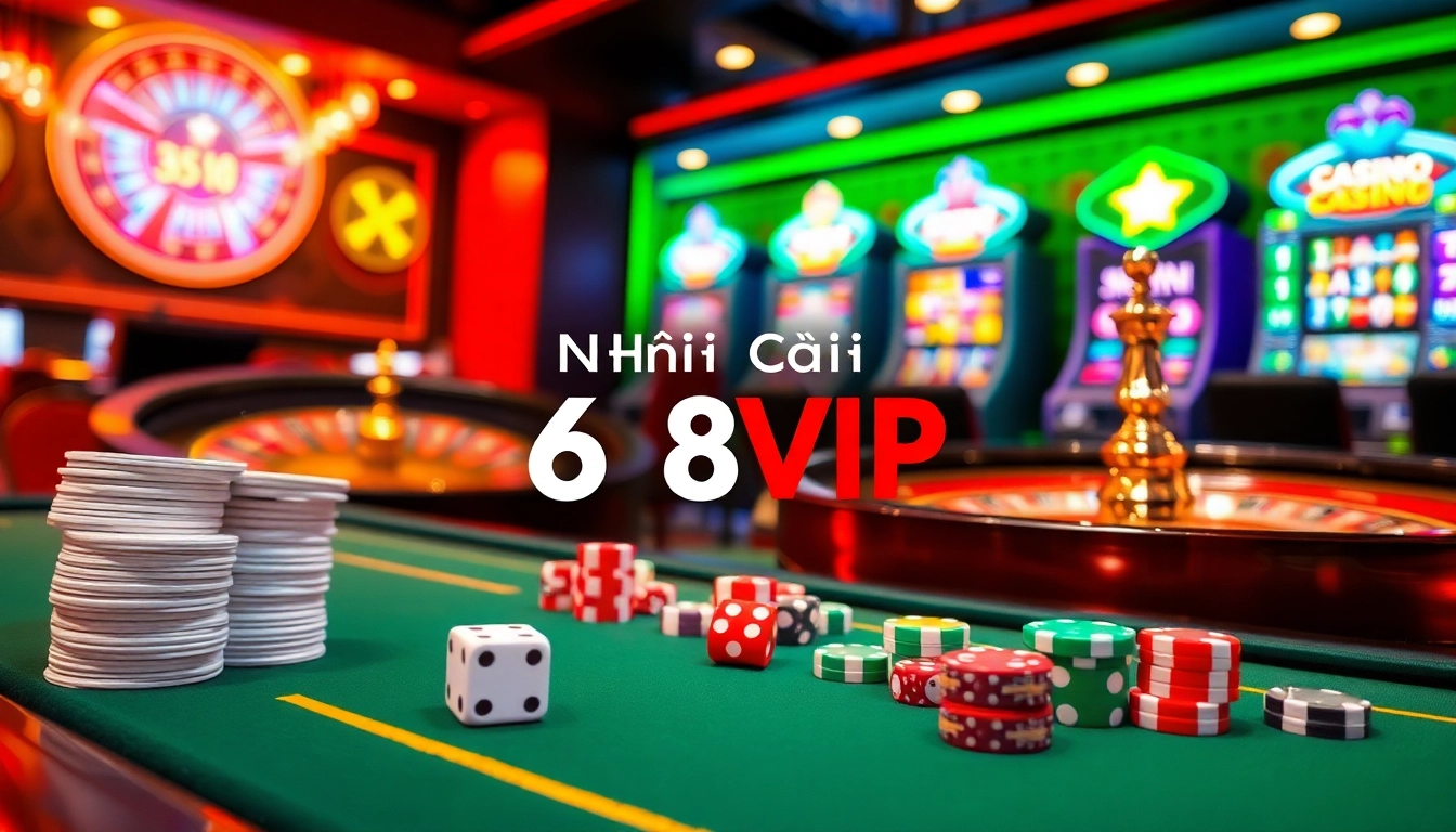 An exciting scene at Nhà Cái 68VIP, featuring vibrant casino elements like roulette, cards, and poker chips.